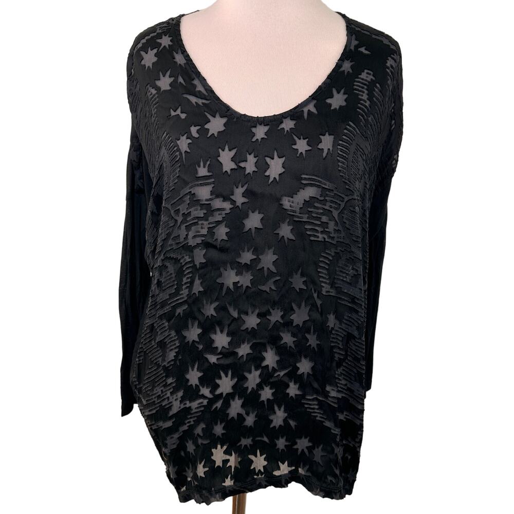Johnny Was Biya Black Sheer Star Long Sleeve Blouse Size XS (Oversized)
